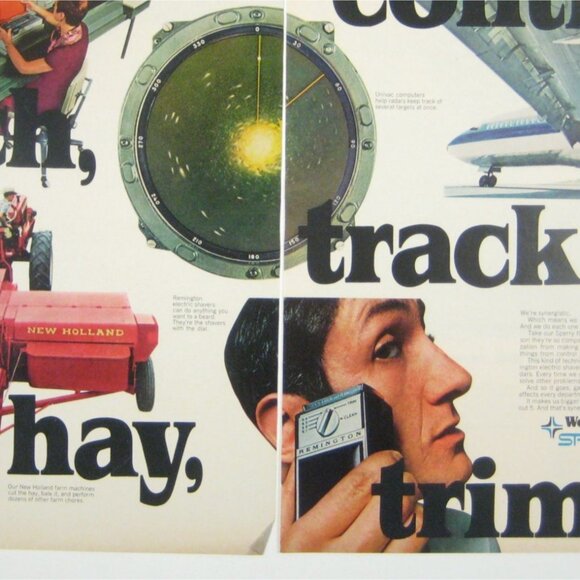 Vintage 1960s Sperry Rand 2 Page Print Ad Razor Airplane New Holland Tractor AD - Picture 2 of 2